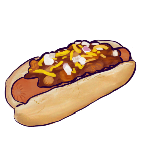 A drawing of a chili dog, which is a hot dog topped with chili, shredded cheese, and diced onion. It is colored in a painterly style and has very dark purple outlines